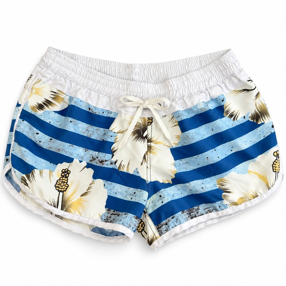 Unbranded Hibiscus Floral Board Shorts Womens 28 Blue White Striped Beach Swim